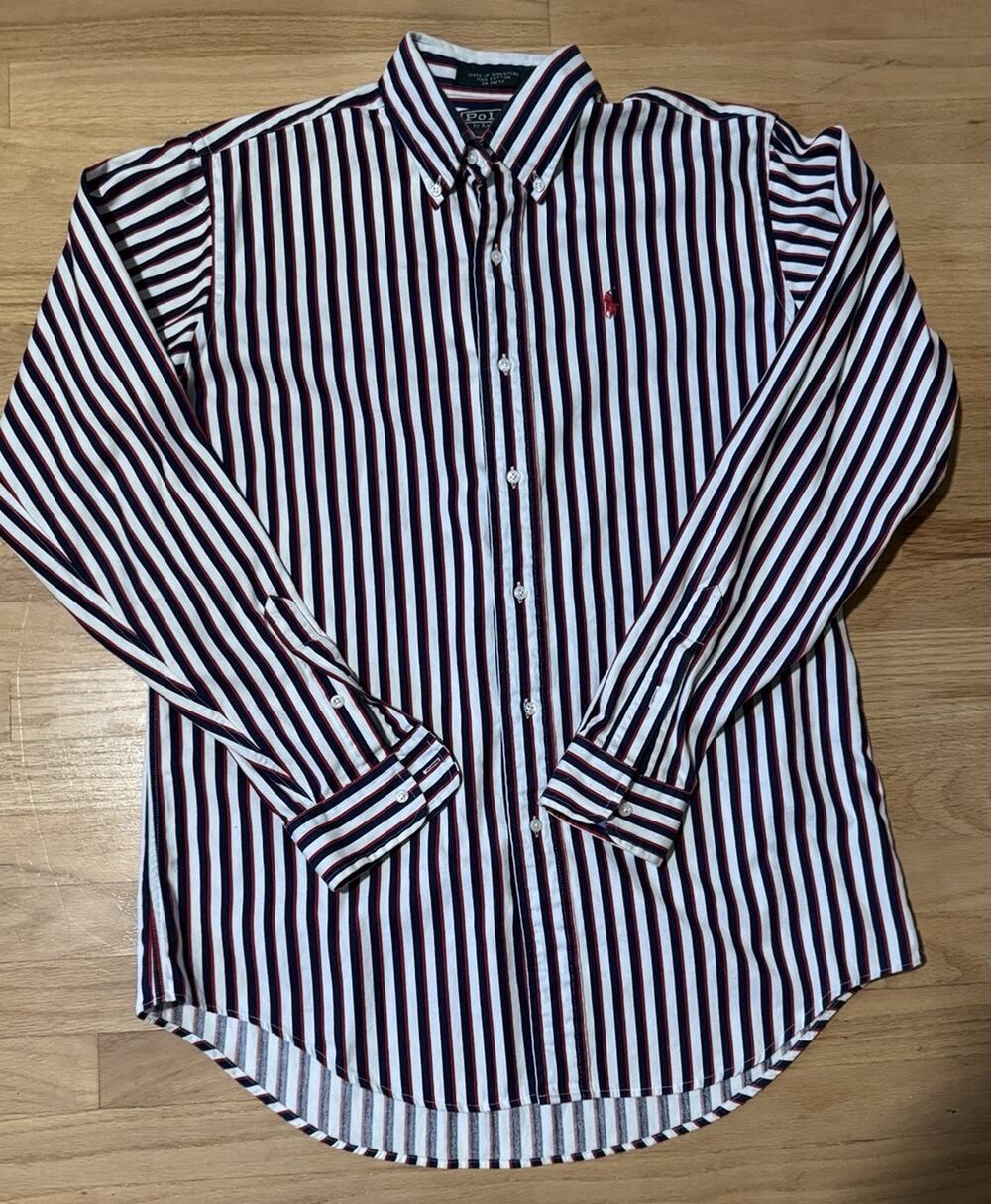 VINTAGE Polo Ralph Lauren OCBD Shirt Striped Red White Blue Green Fits M/L